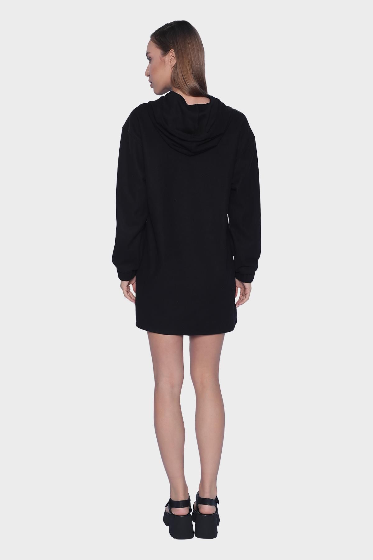 Oversized hooded long sleeve sports mini dress - Black