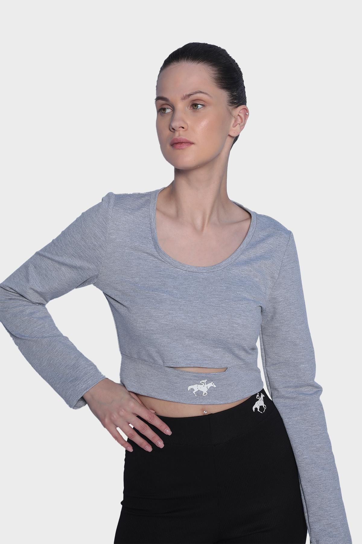 Womens Long Sleeve Cut Out Detailed Crop Blouse - Grey
