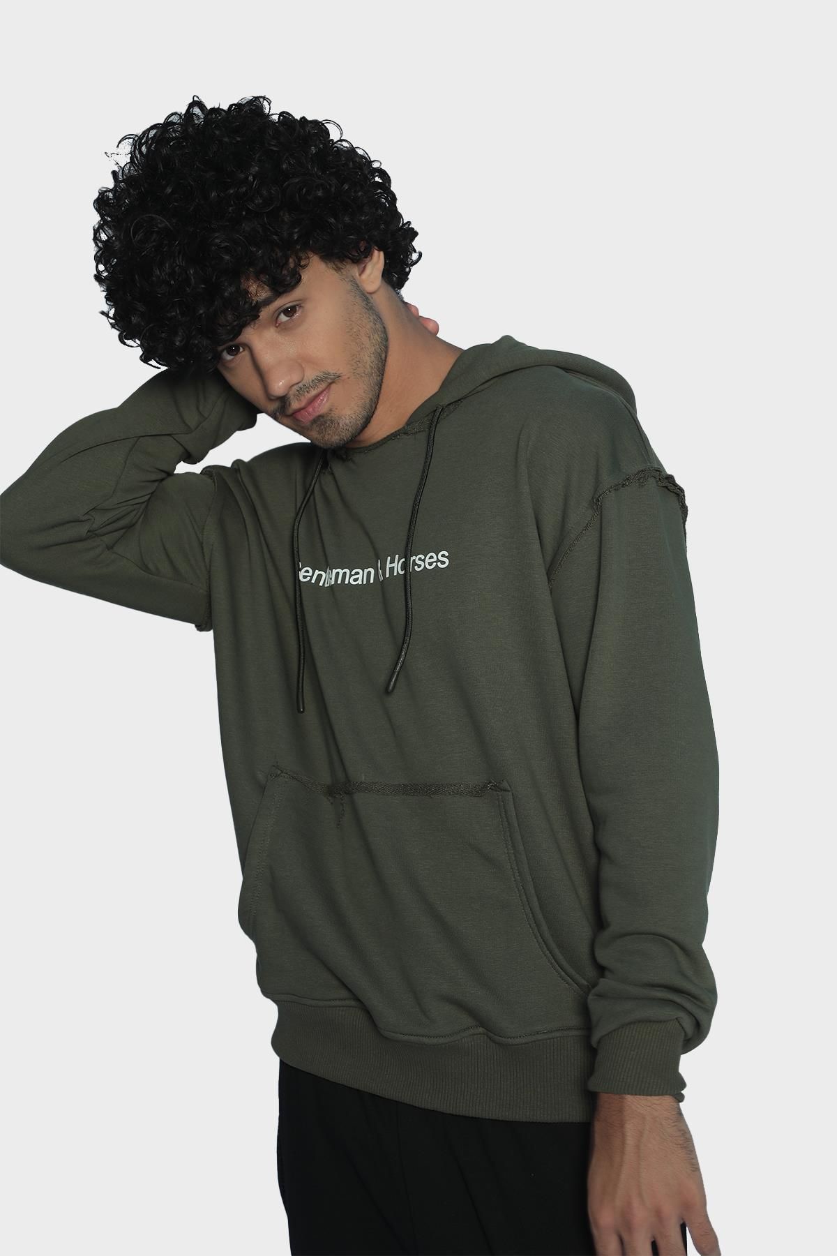 Unisex hoodie with long sleeve printed pocket detail - Khaki