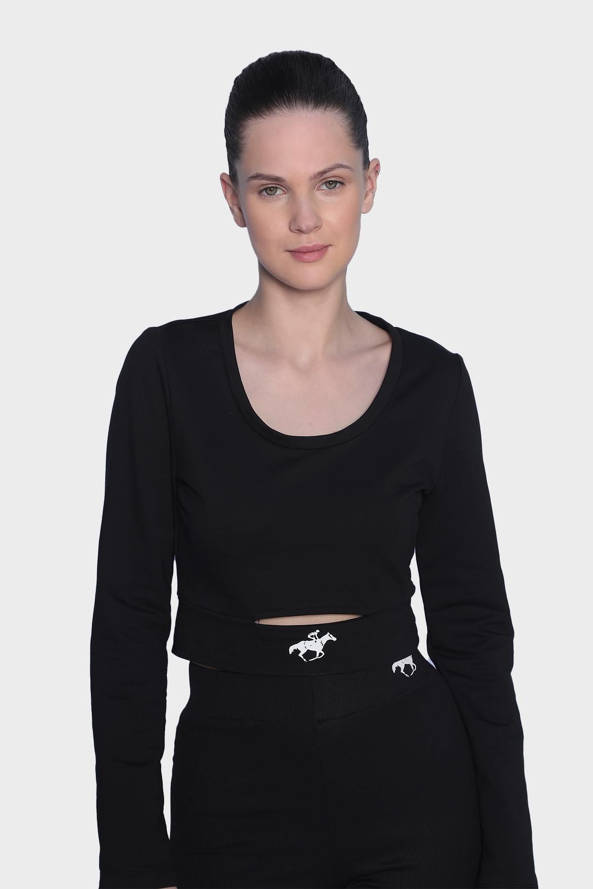 Womens Long Sleeve Cut Out Detailed Crop Blouse - Black