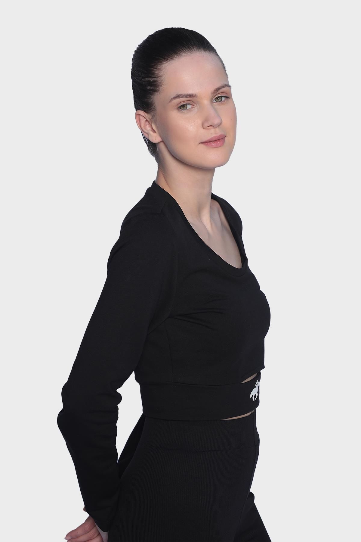 Kadın uzun kollu cut out detaylı crop bluz - Siyah