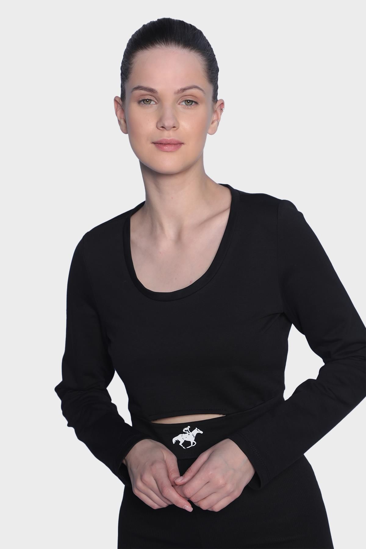 Womens Long Sleeve Cut Out Detailed Crop Blouse - Black