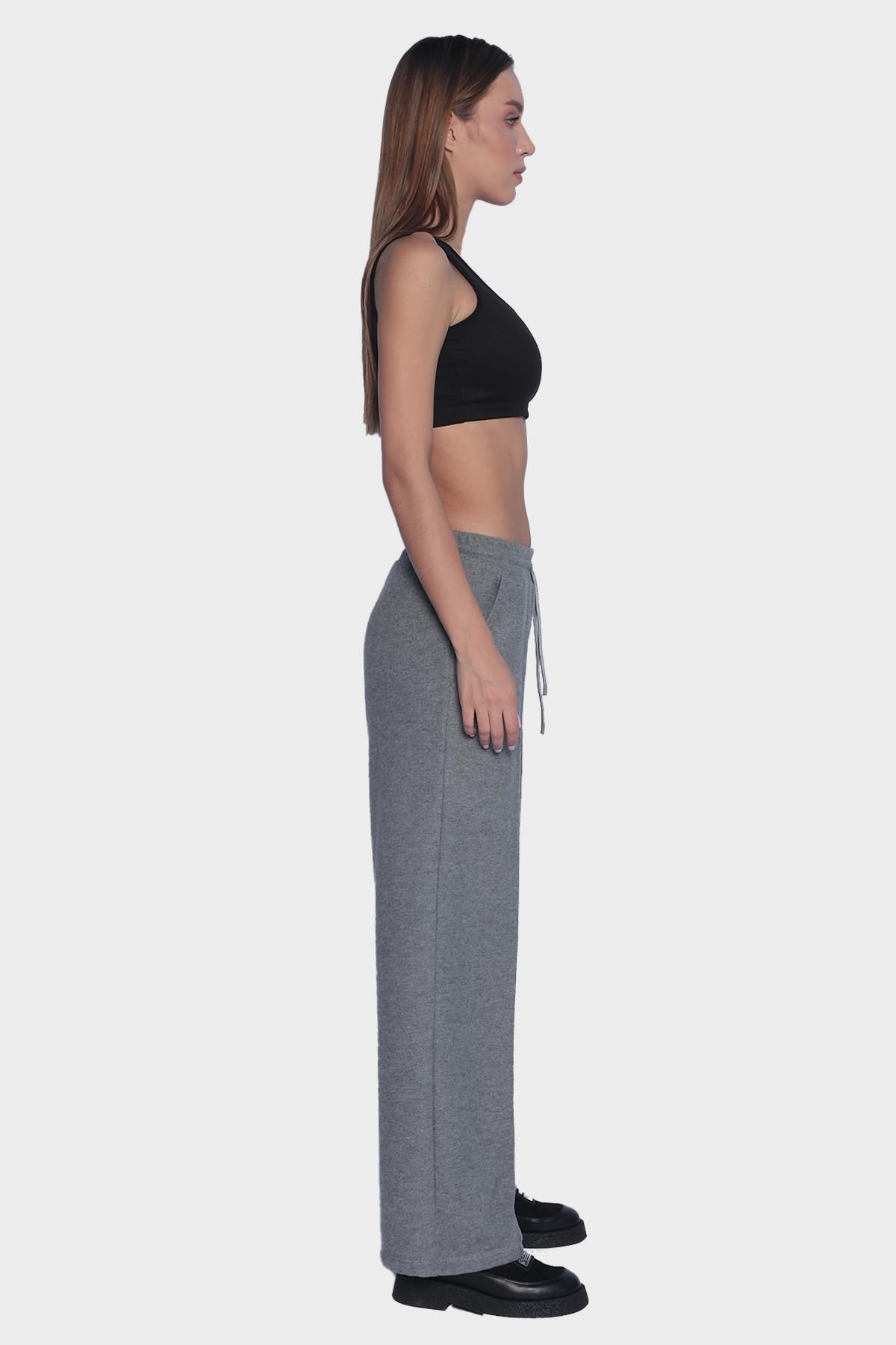 Kadın yüksek bel geniş paça pamuklu pantolon - Gri