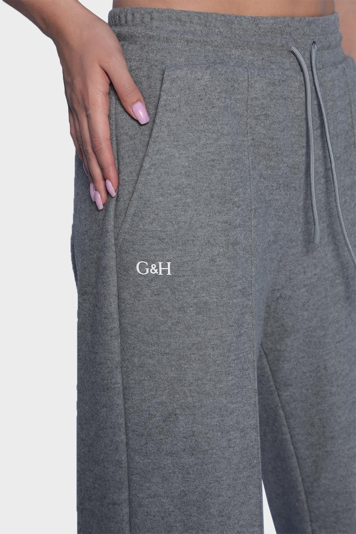 Женские широкие хлопковые брюки с высокой талией - серый