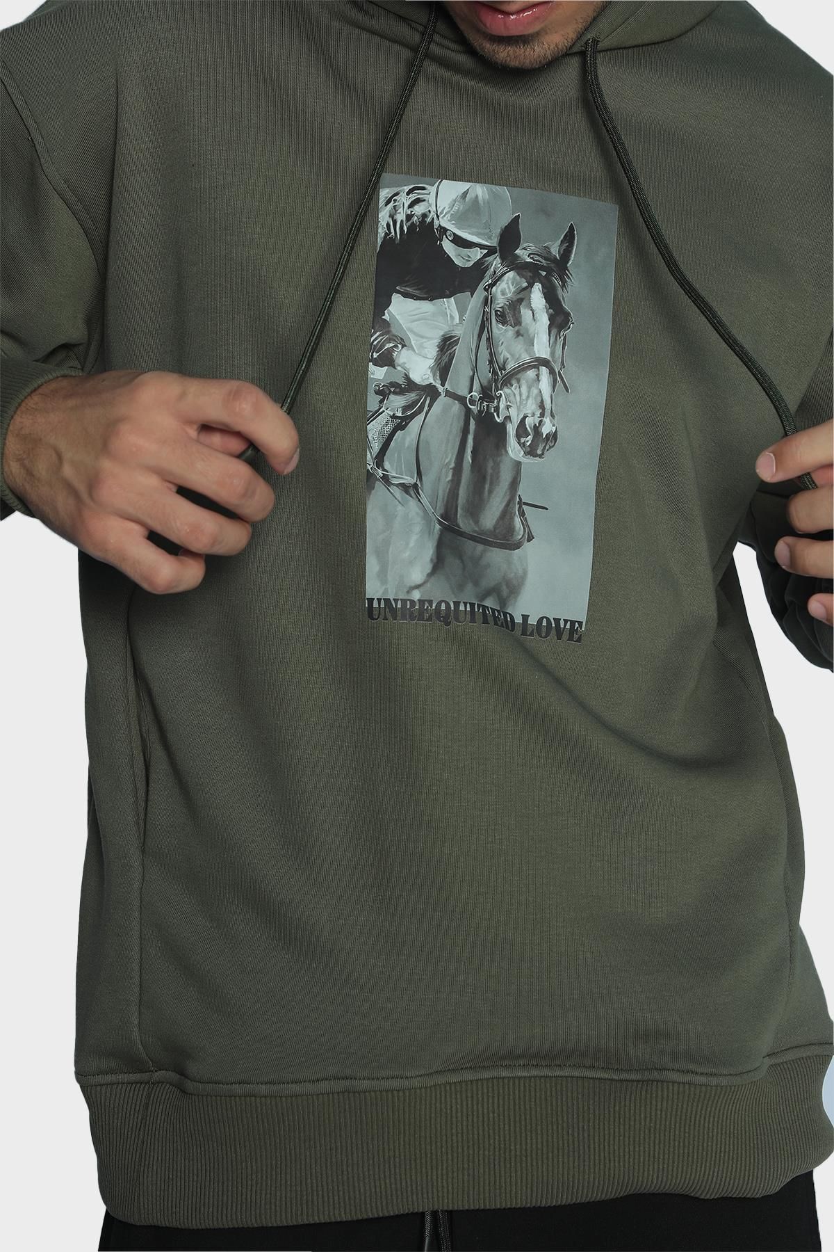 Mens regular cut hooded long sleeve cotton sweatshirt with printed front - Khaki