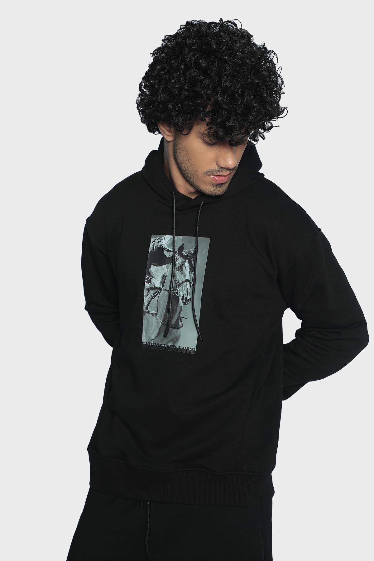 Mens regular cut hooded long sleeve cotton sweatshirt with print front - Black