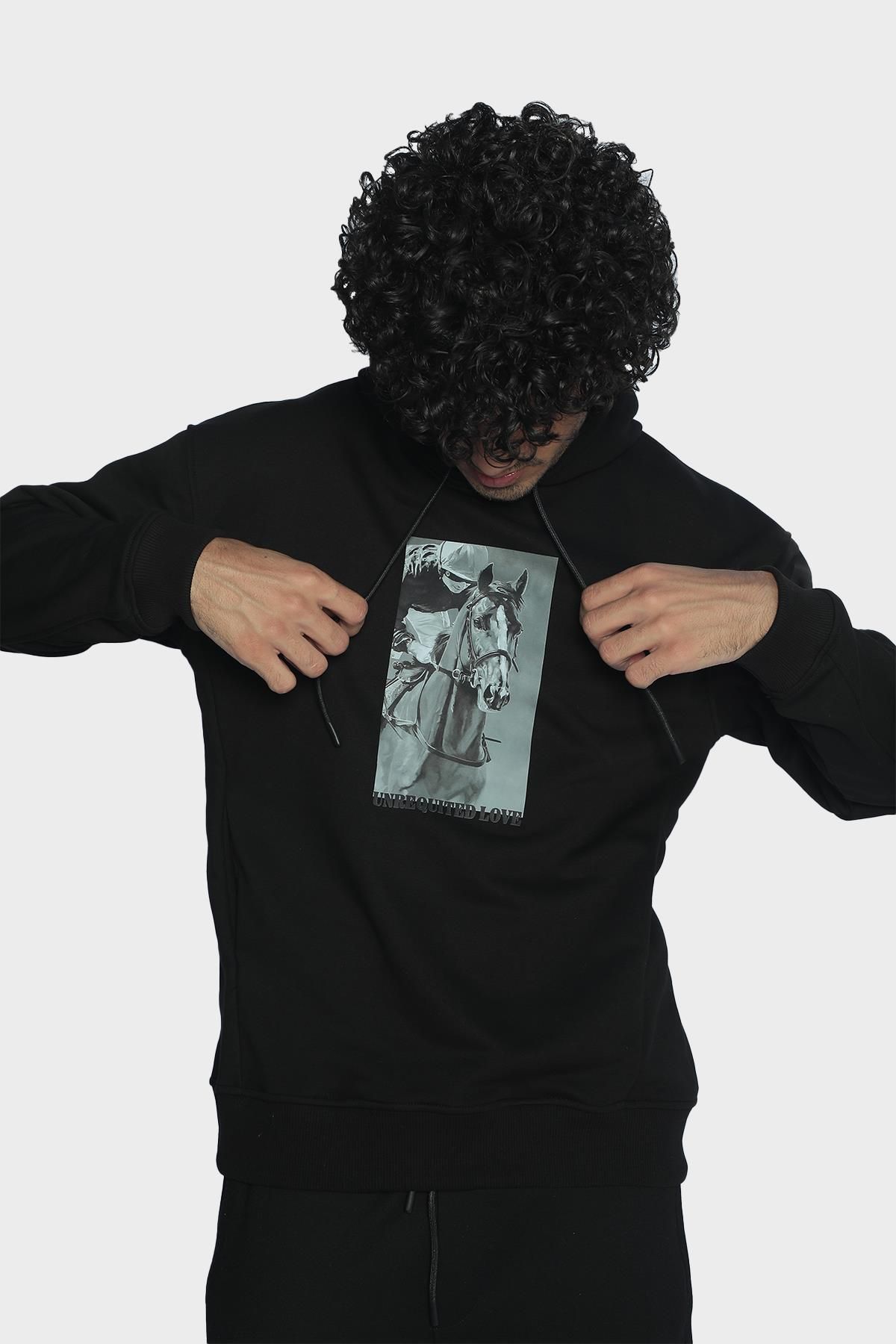 Mens regular cut hooded long sleeve cotton sweatshirt with print front - Black