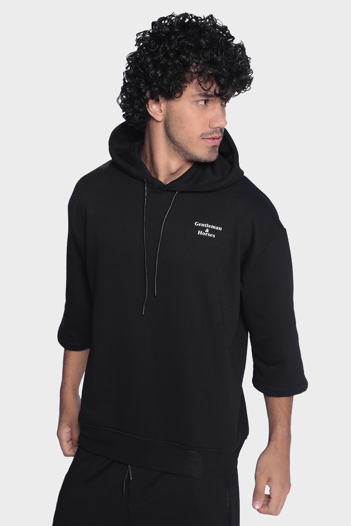 Erkek kapüşonlu kısa kollu kanguru cep detaytlı sweatshirt - Siyah