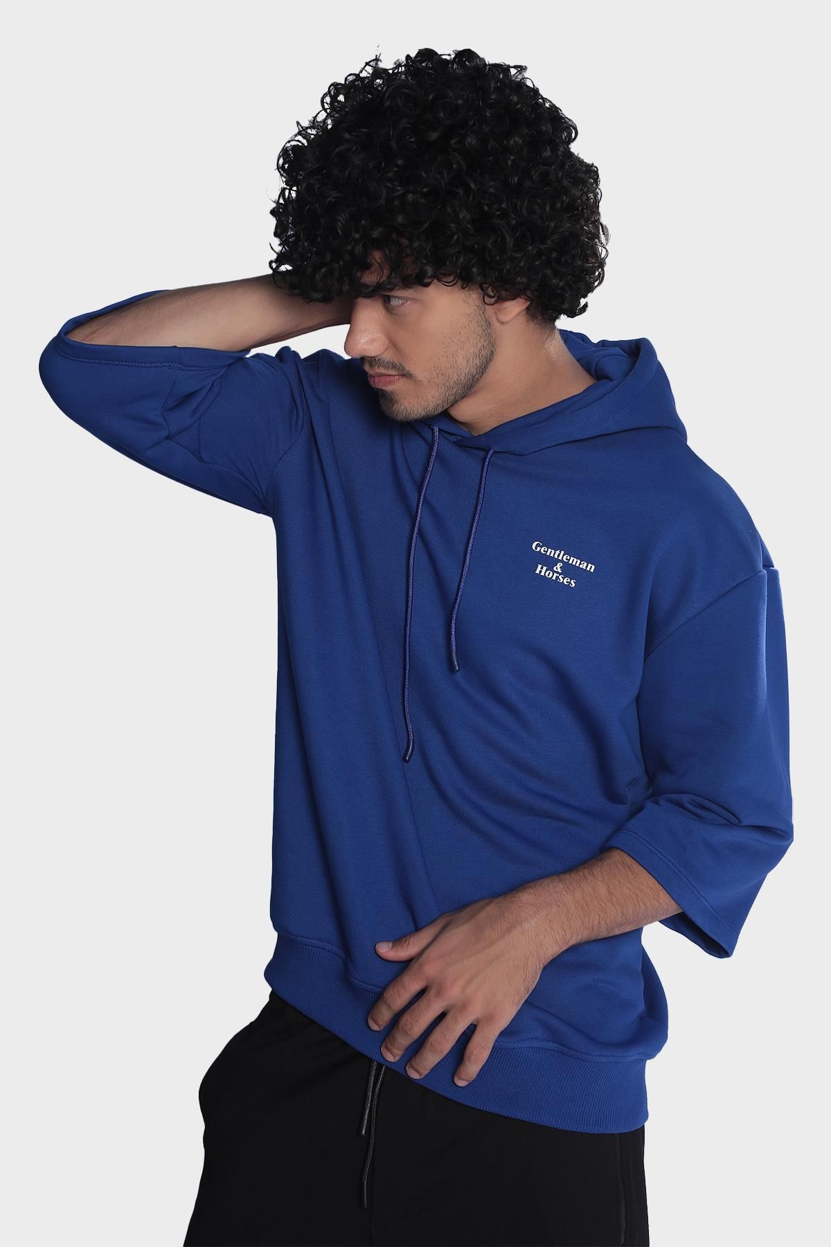Mens Hooded Short Sleeve Kangaroo Sweatshirt with Pocket Details - Saks Blue