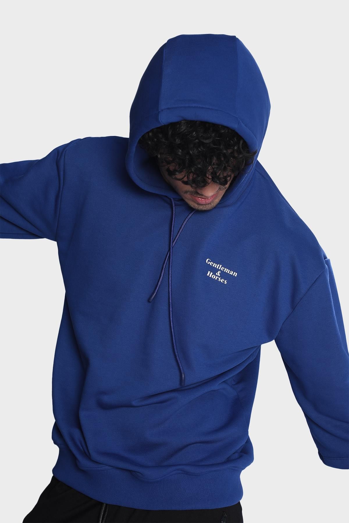 Mens Hooded Short Sleeve Kangaroo Sweatshirt with Pocket Details - Saks Blue