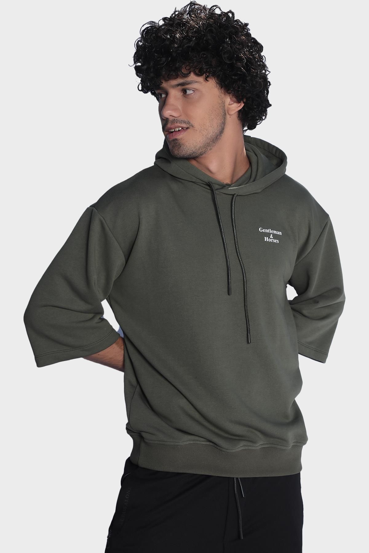 Mens Hooded Short Sleeve Kangaroo Pocket Detailed Sweatshirt - Khaki