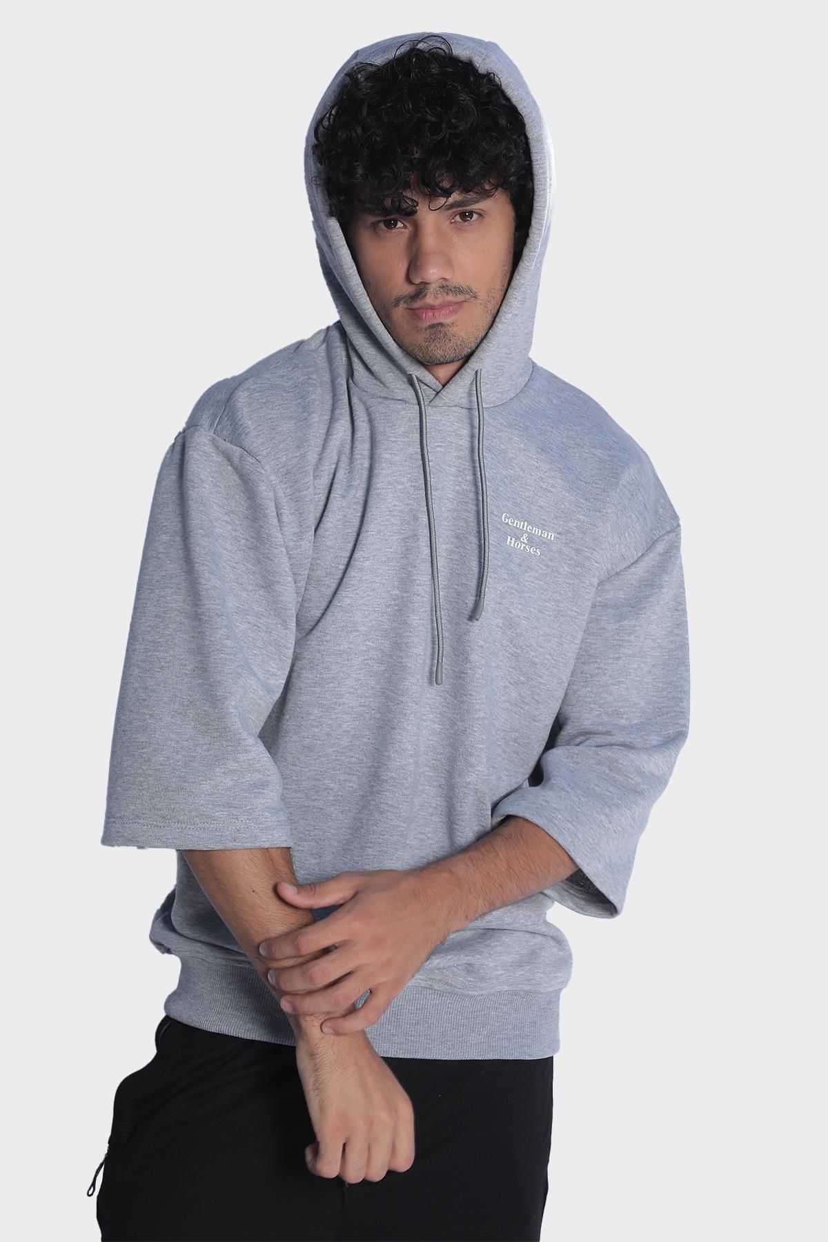 Erkek kapüşonlu kısa kollu kanguru cep detaylı sweatshirt - Gri