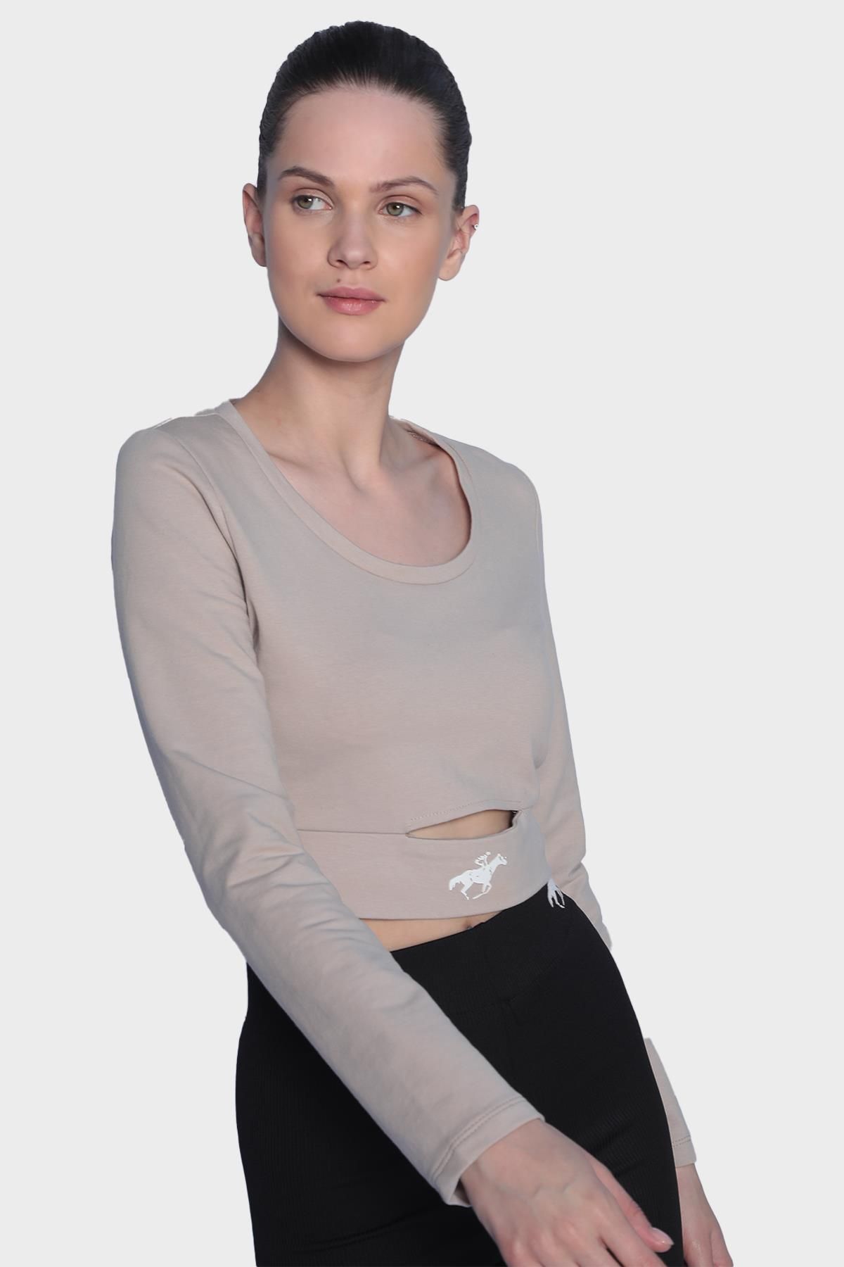 Womens Long Sleeve Cut Out Detailed Crop Blouse - Beige