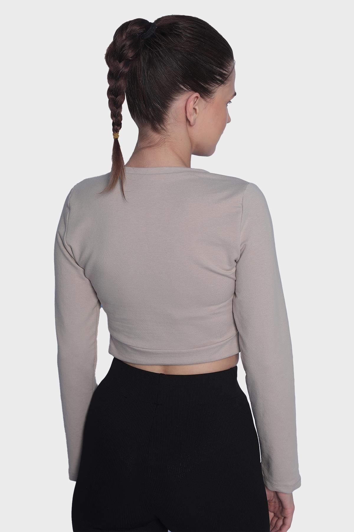 Womens Long Sleeve Cut Out Detailed Crop Blouse - Beige