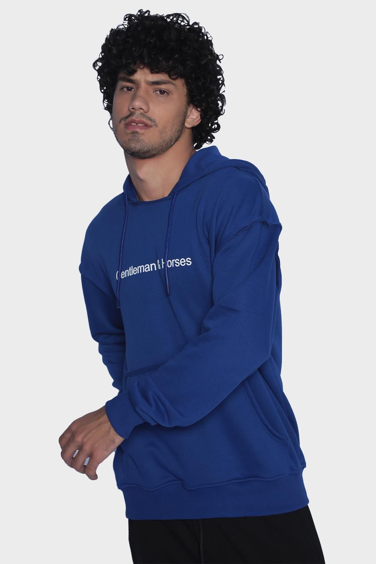 Uzun kollu baskılı cep detaylı unisex hoodie - Saks Mavi