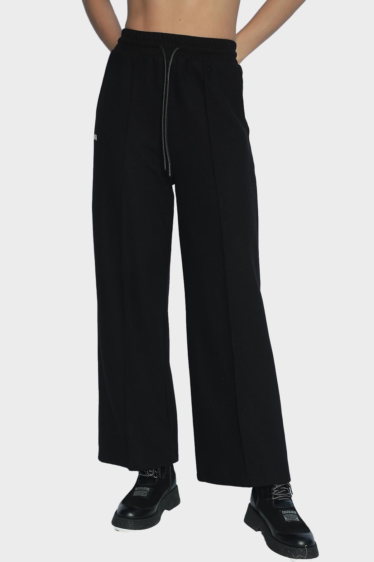 Kadın yüksek bel geniş paça pamuklu pantolon - Siyah