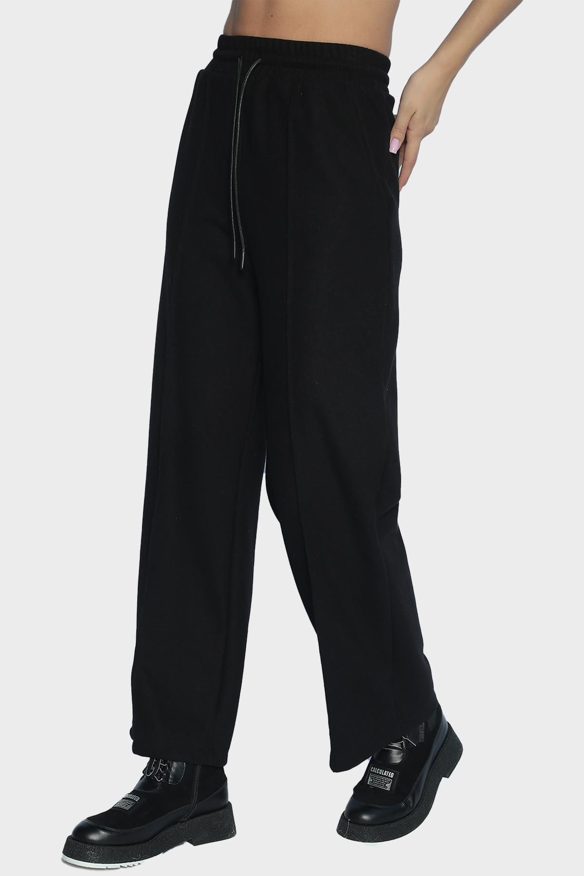 Kadın yüksek bel geniş paça pamuklu pantolon - Siyah