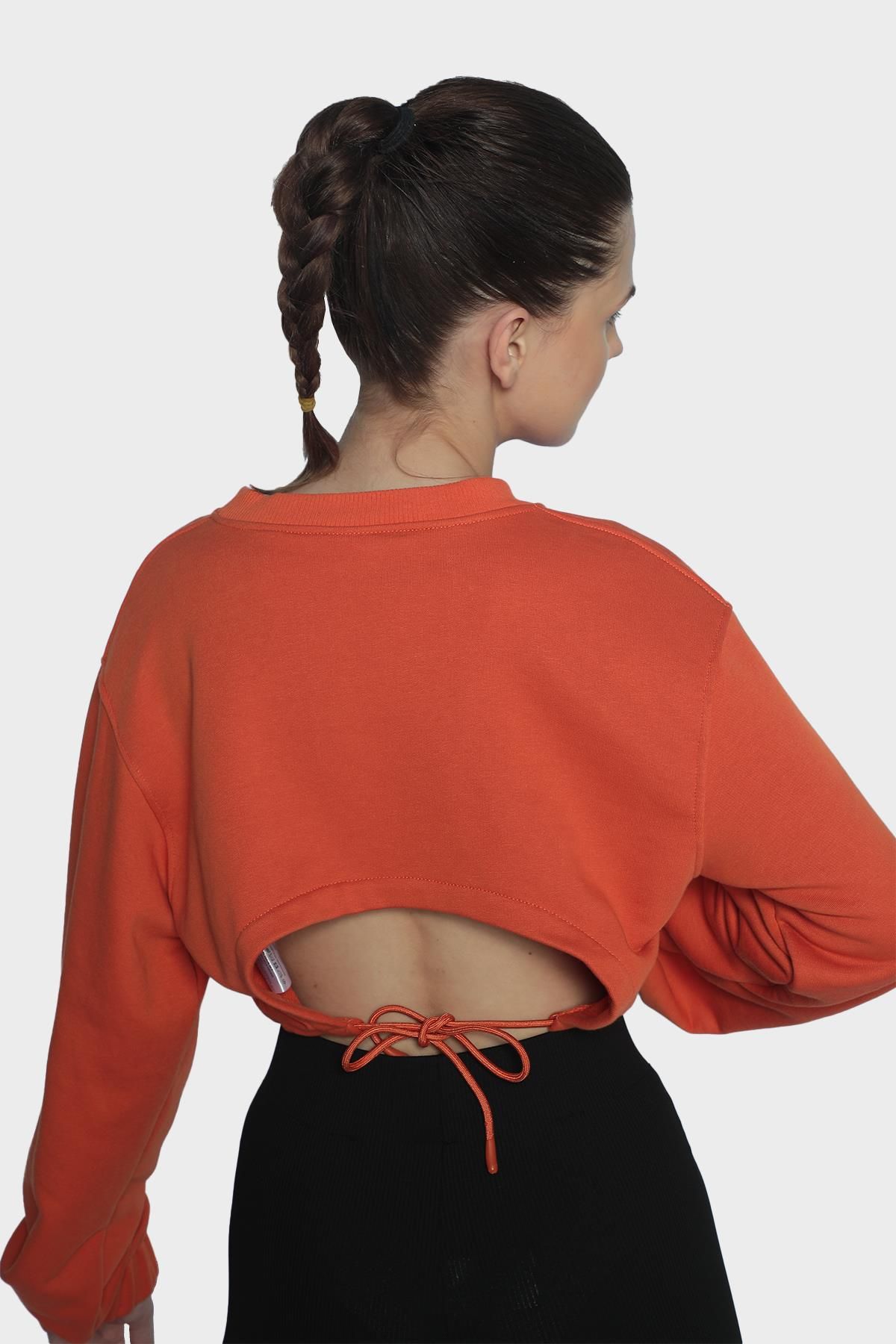 Womens long sleeve tie at the back and waist detailed crop - Orange