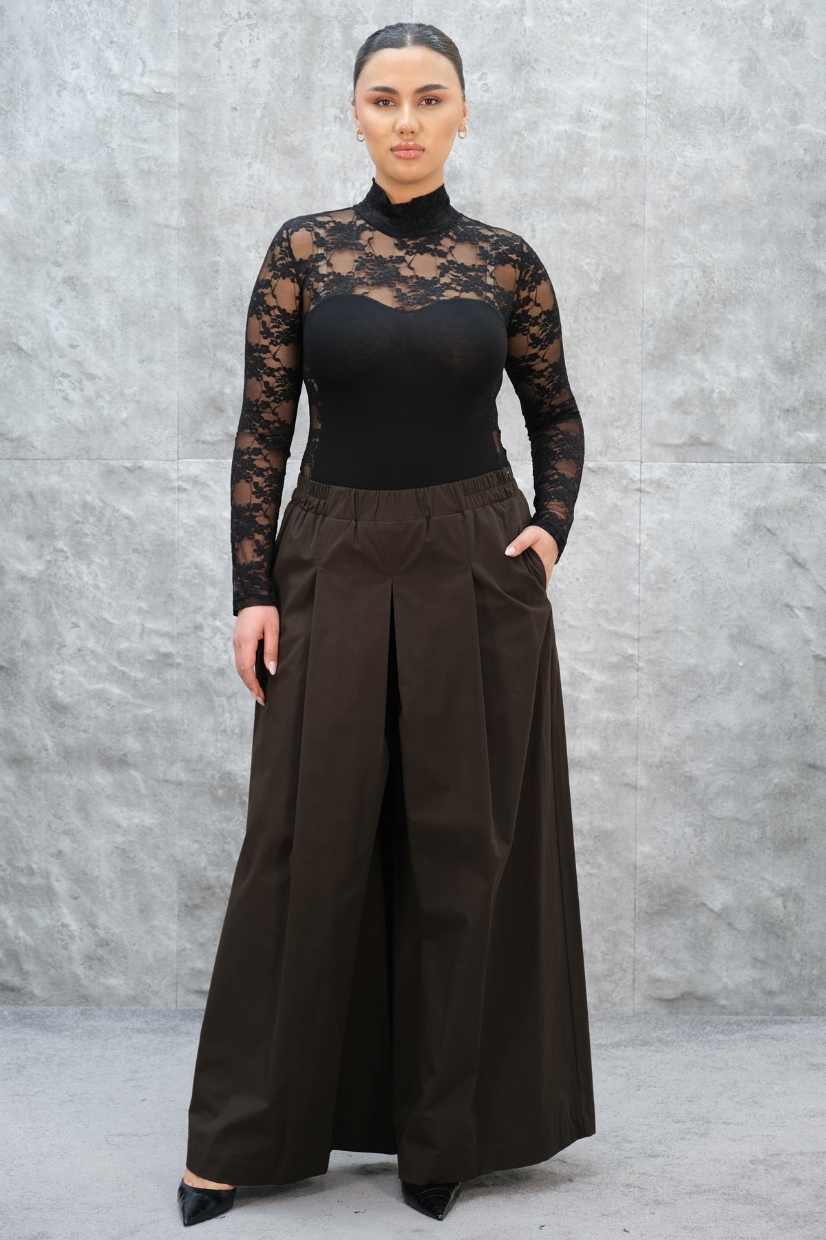 Plus Size Wide-Leg Pants-Brown