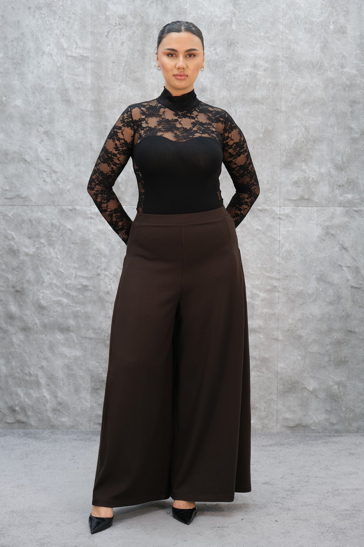 Plus Size Wide-Leg Pants-Brown