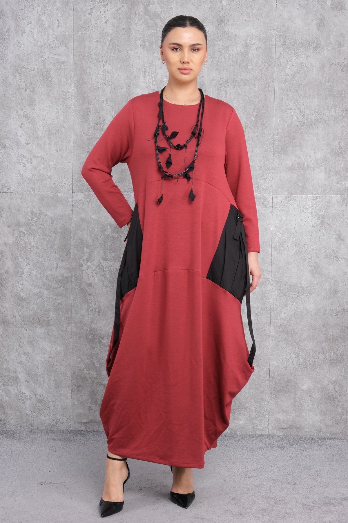Plus Size Dress-Claret Red