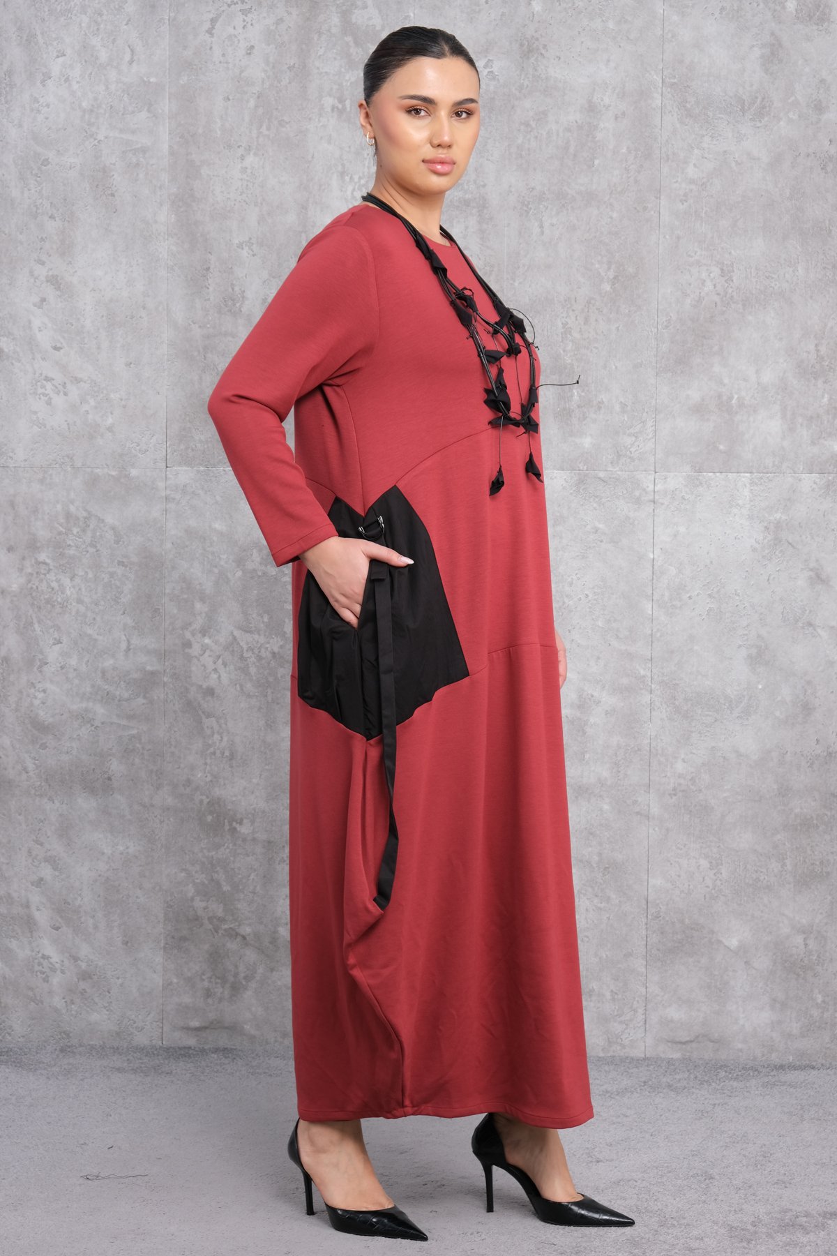 Plus Size Dress-Claret Red