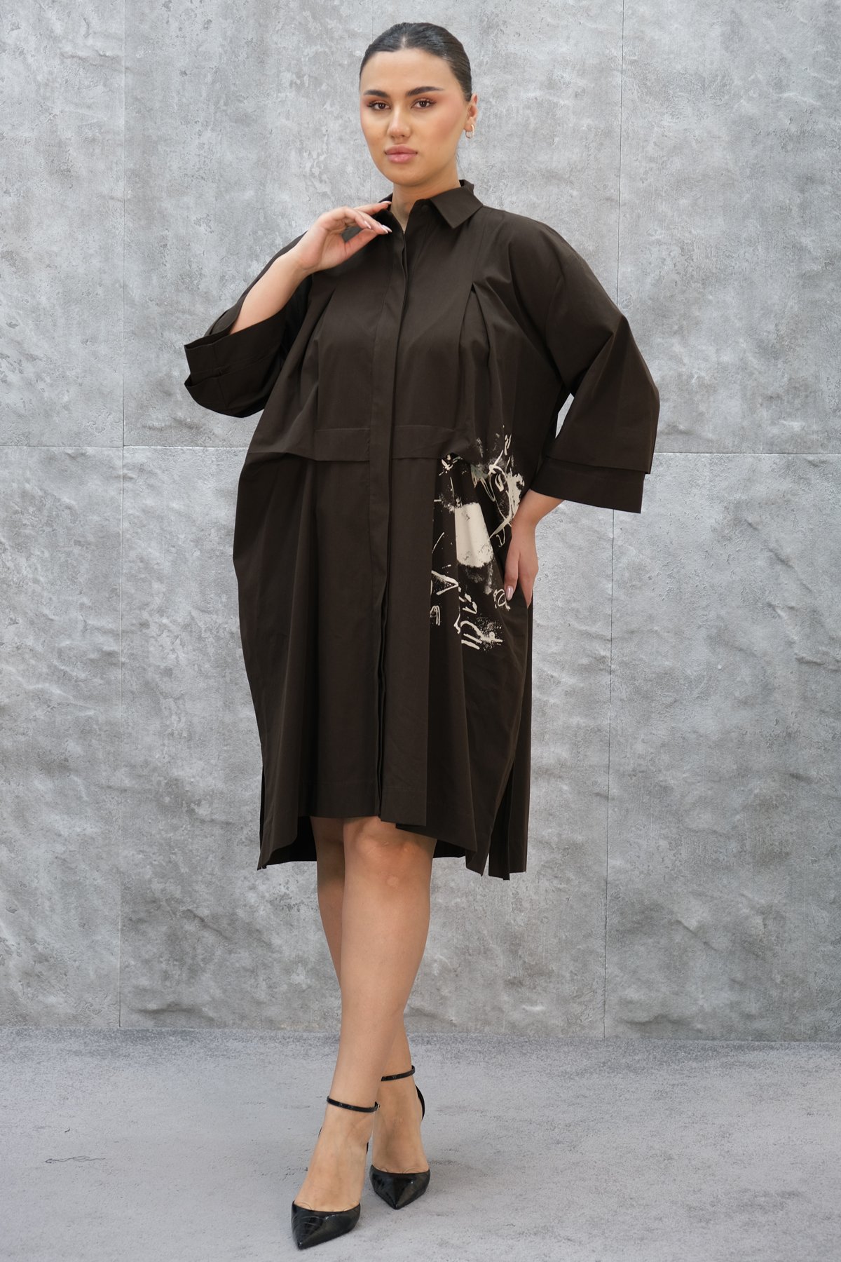 Plus Size Short Dress-Brown