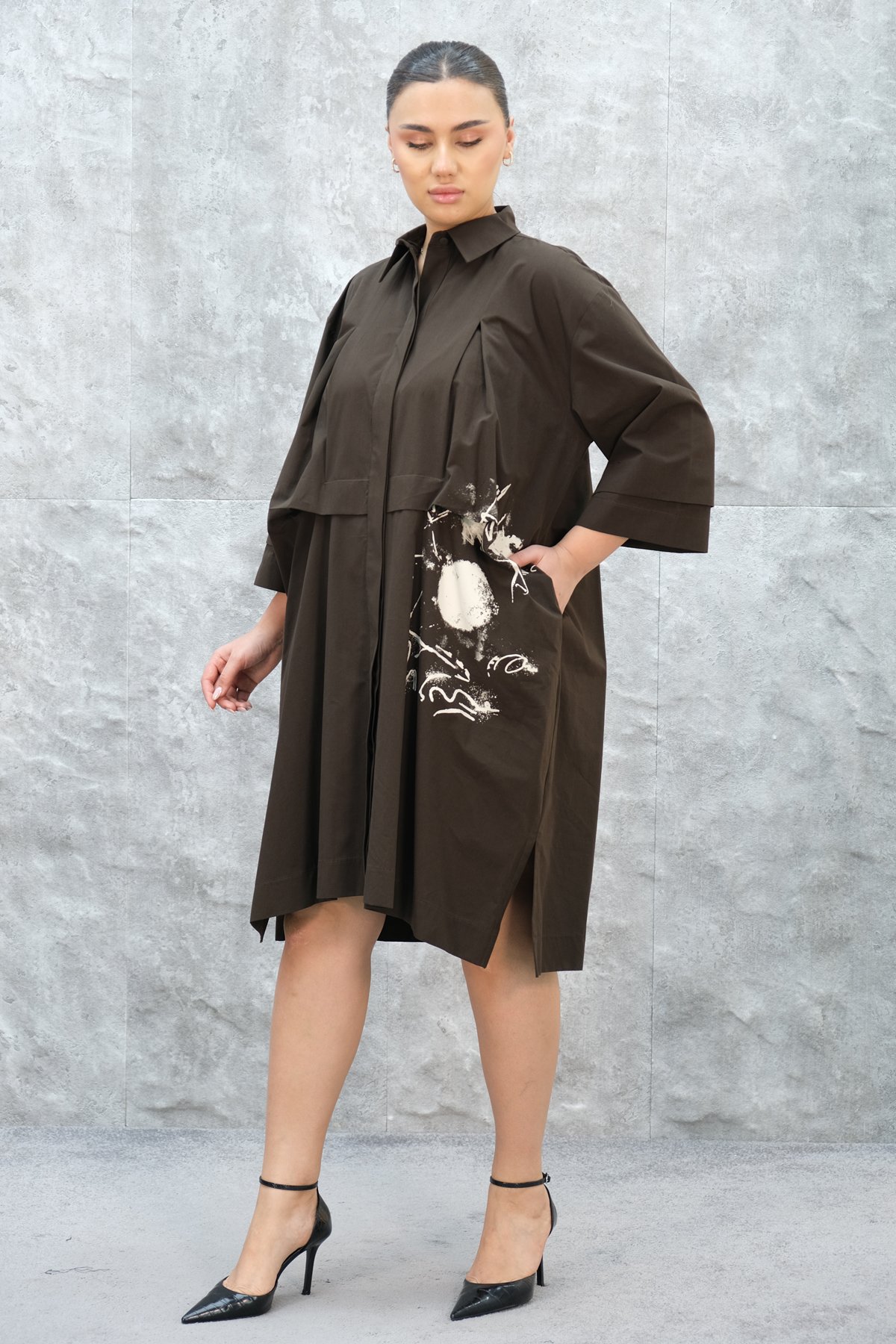 Plus Size Short Dress-Brown