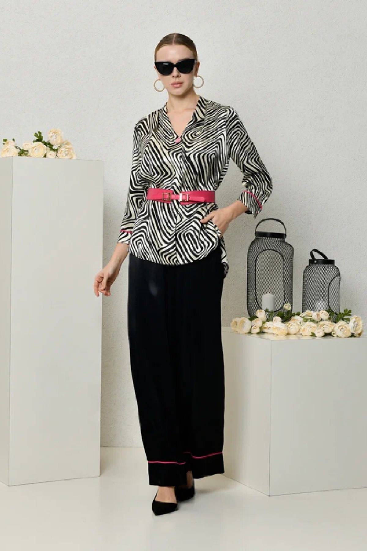 Pants and Blouse-Black-White