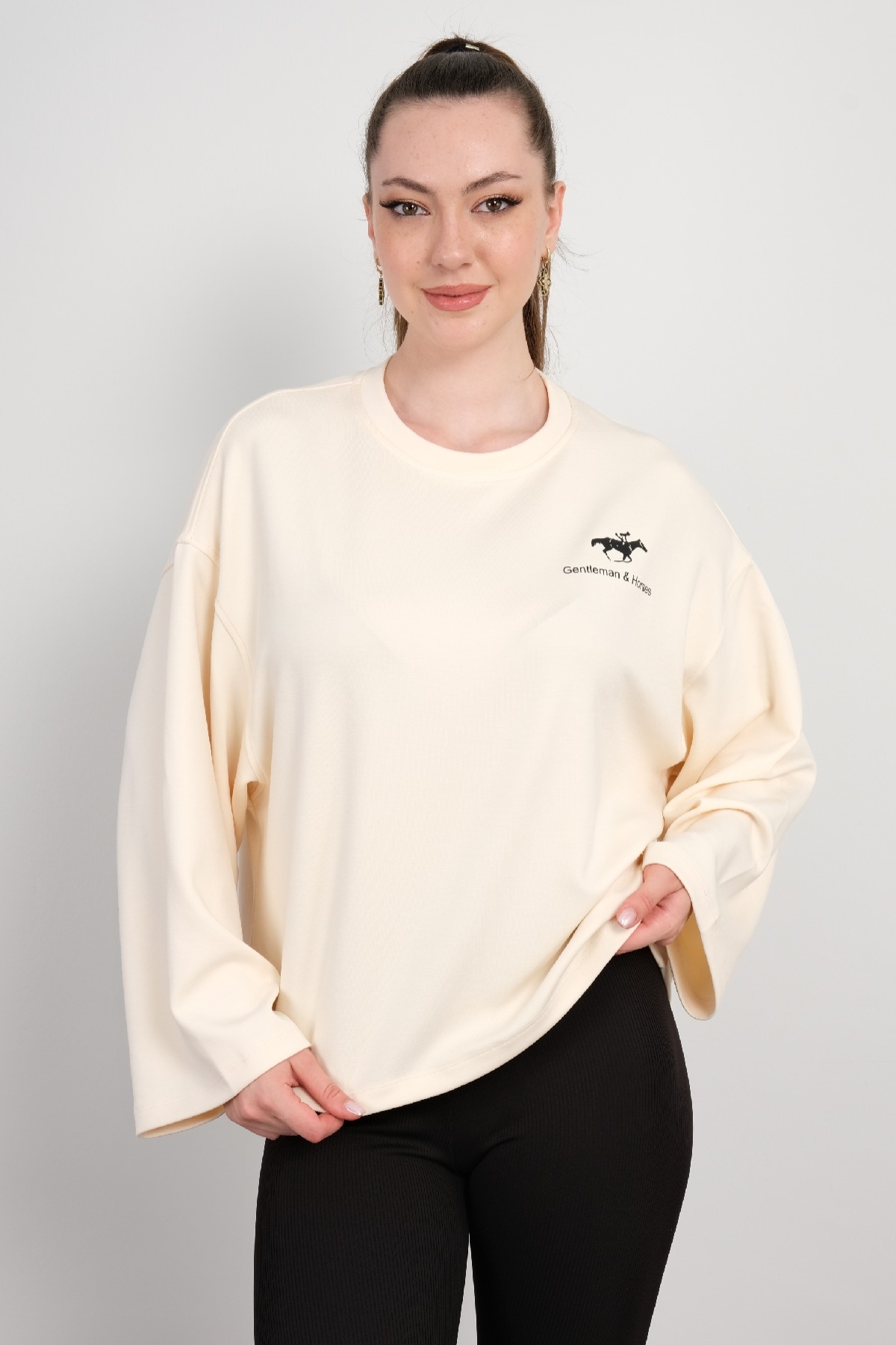 Yuvarlak Yaka Sweatshirt-Ekru