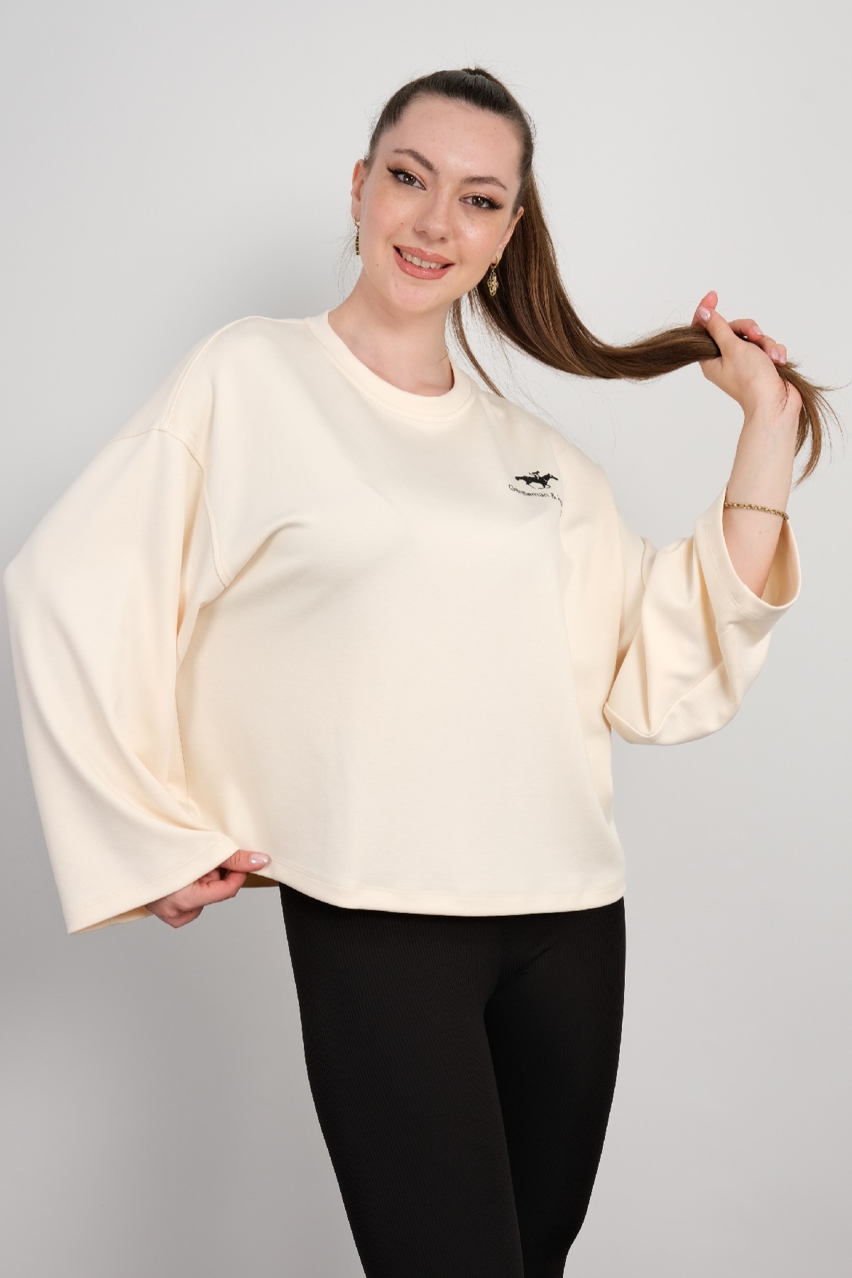 Yuvarlak Yaka Sweatshirt-Ekru