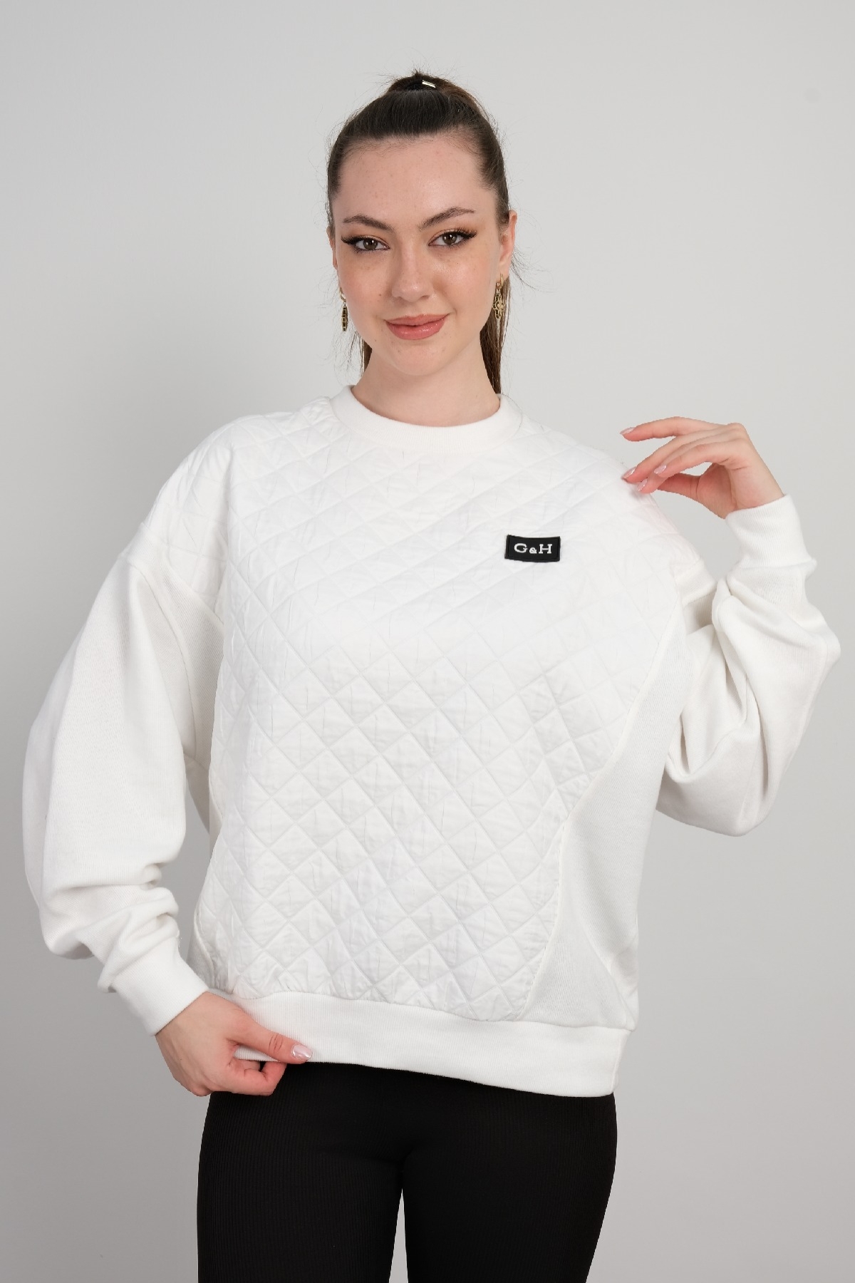 Yuvarlak Yaka Sweatshirt-Beyaz