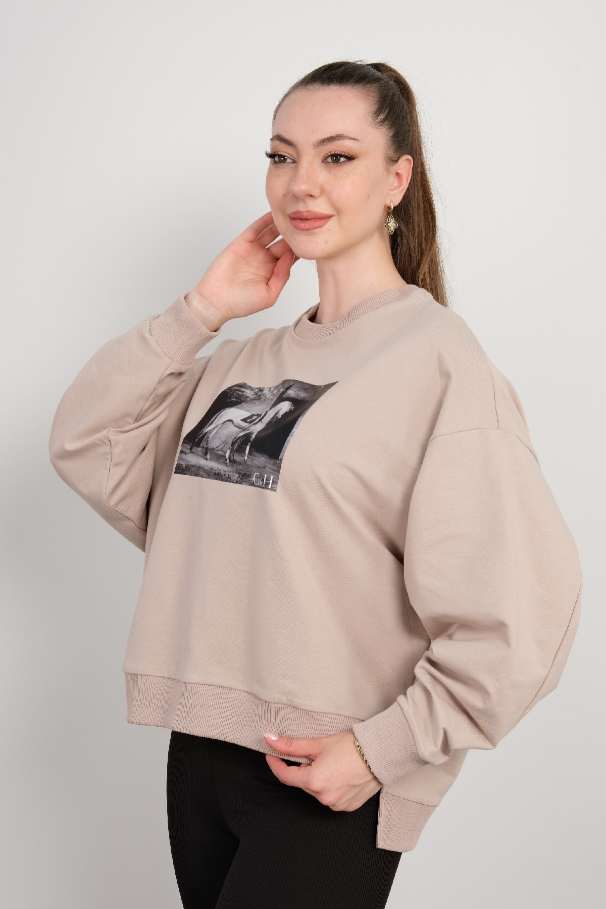 Yuvarlak Yaka Sweatshirt-Vizon