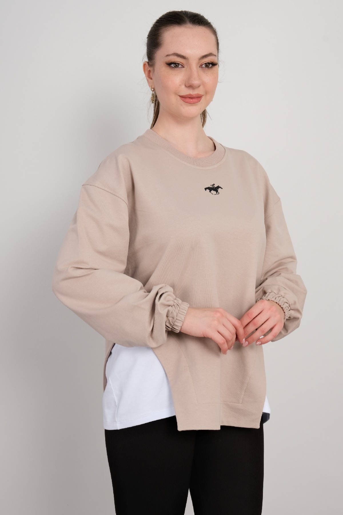 Yuvarlak Yaka Sweatshirt-Vizon