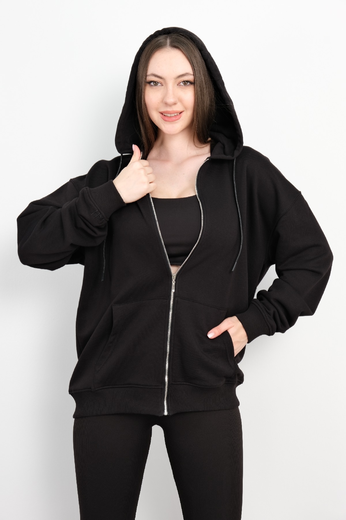 Hooded Zip-Up Sweatshirt-Black