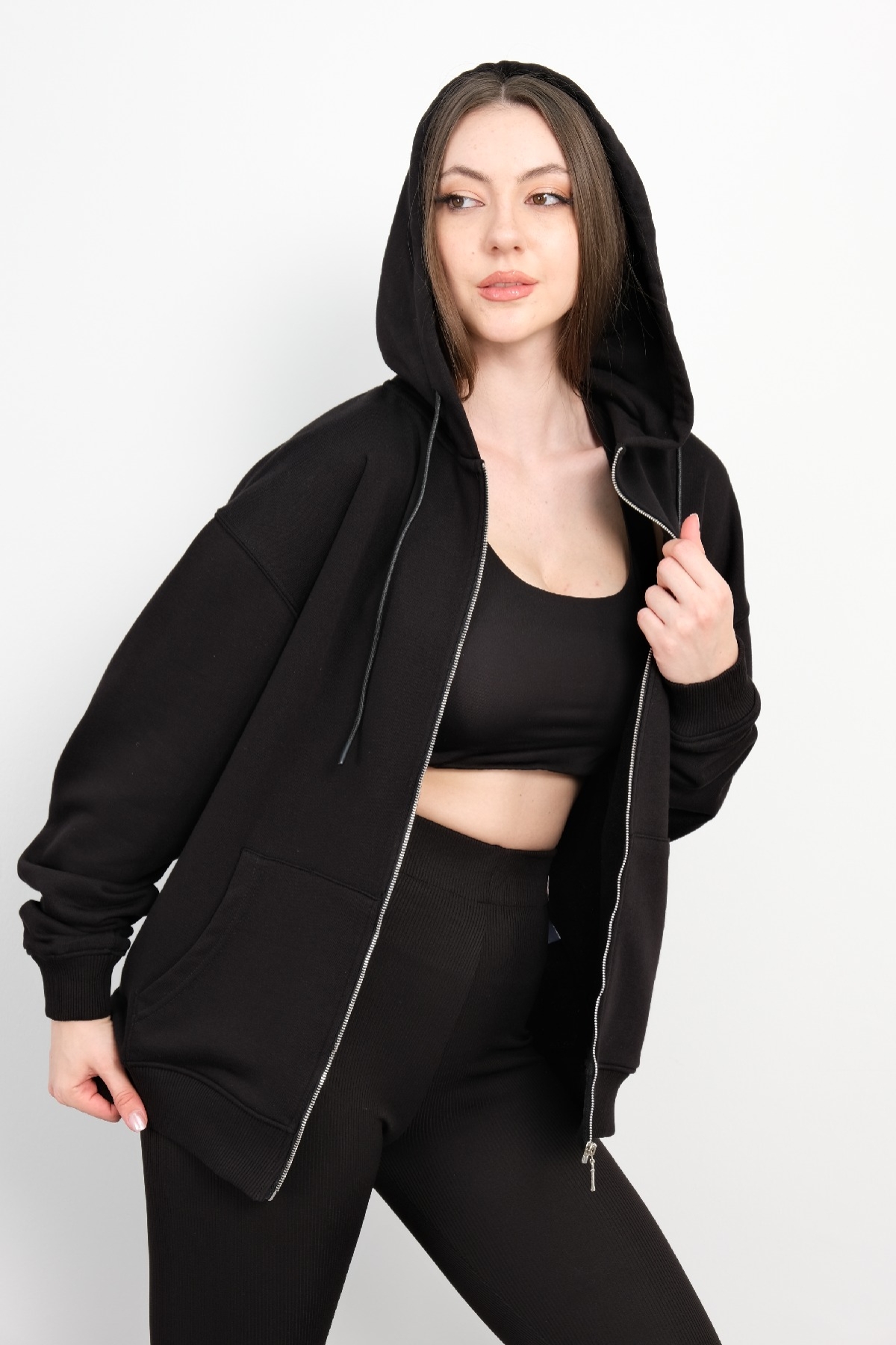 Hooded Zip-Up Sweatshirt-Black