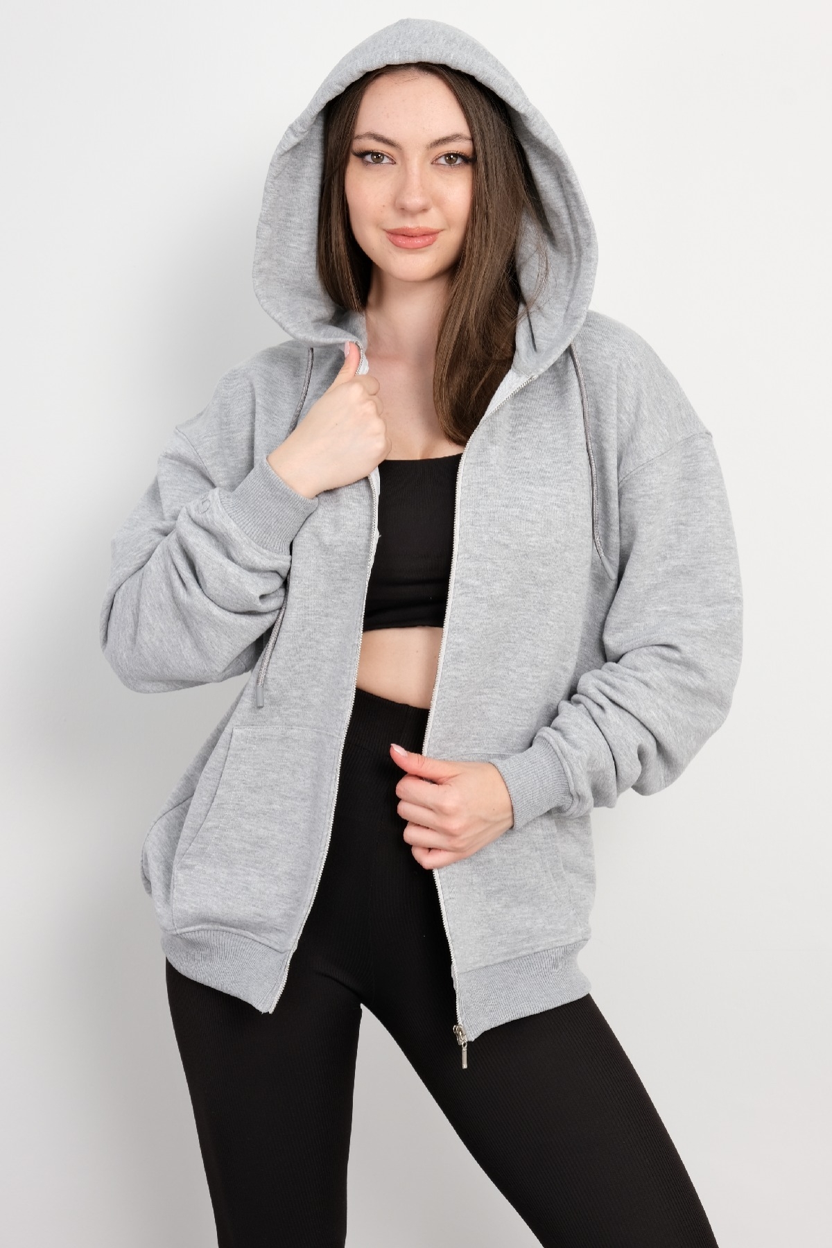 Hooded Zip-Up Sweatshirt-Grey