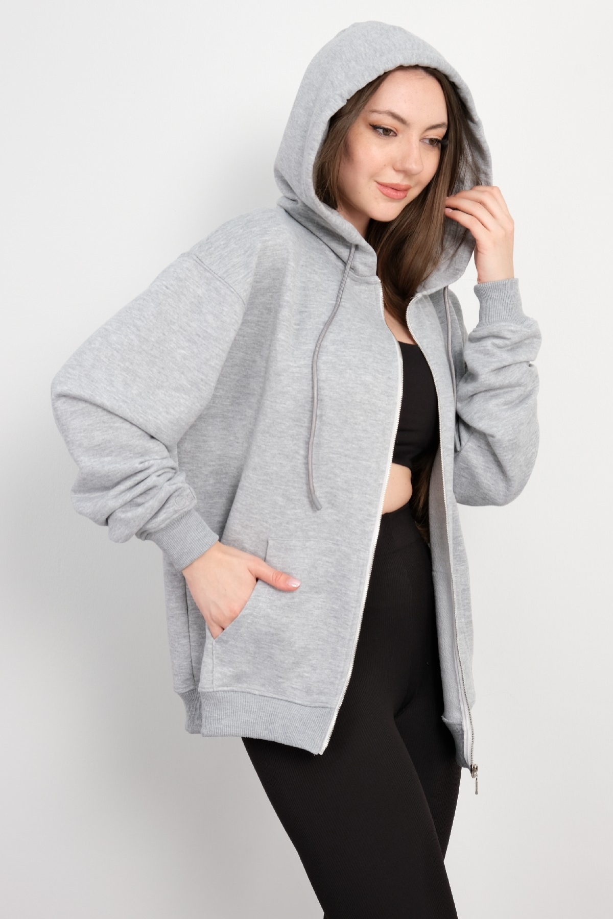 Hooded Zip-Up Sweatshirt-Grey