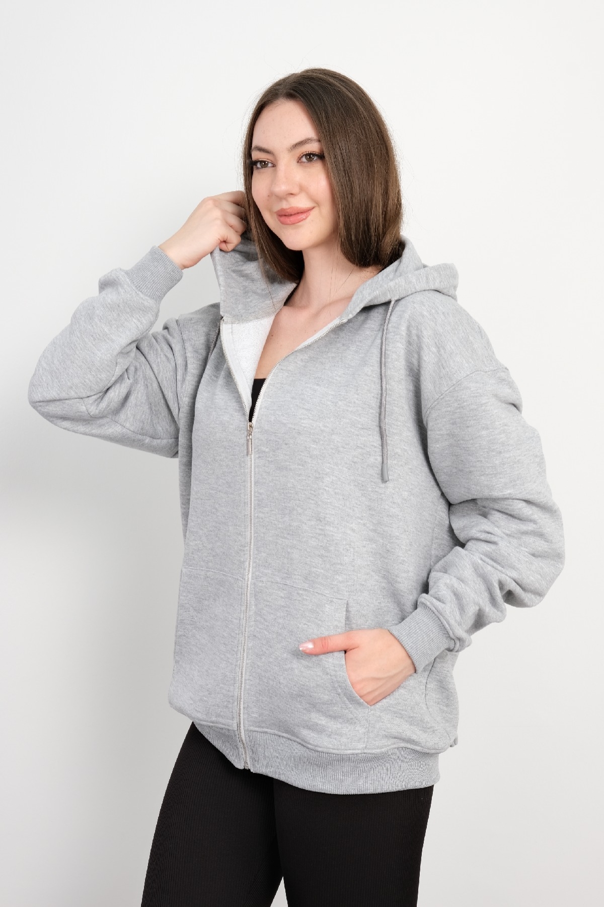 Hooded Zip-Up Sweatshirt-Grey