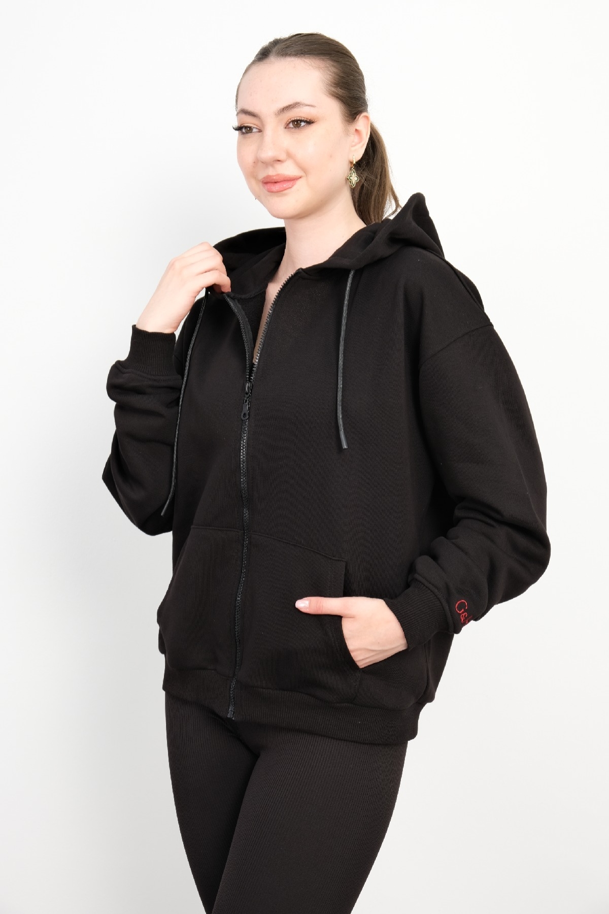 Hooded Zip-Up Sweatshirt-Black