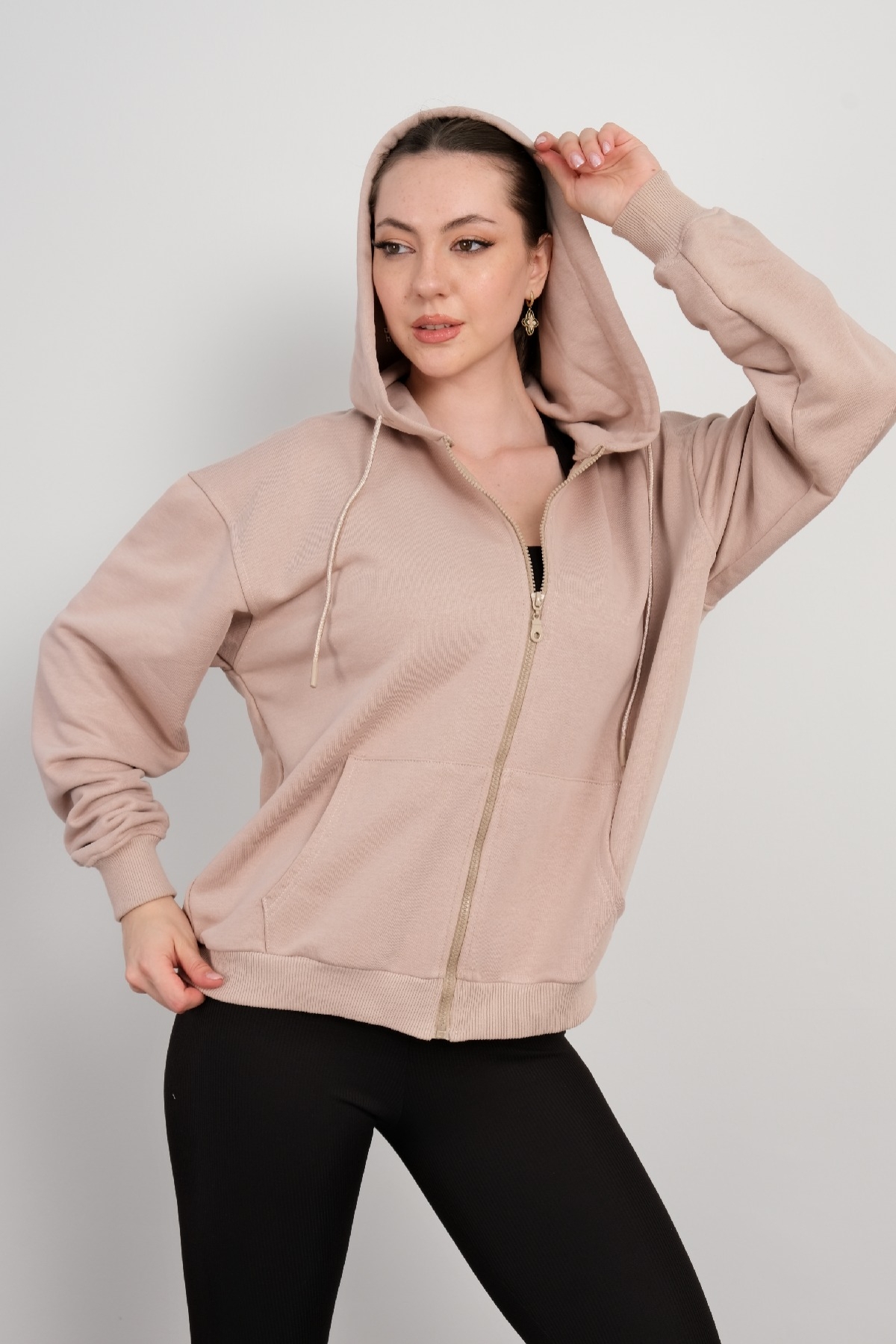 Hooded Zip-Up Sweatshirt-Beige