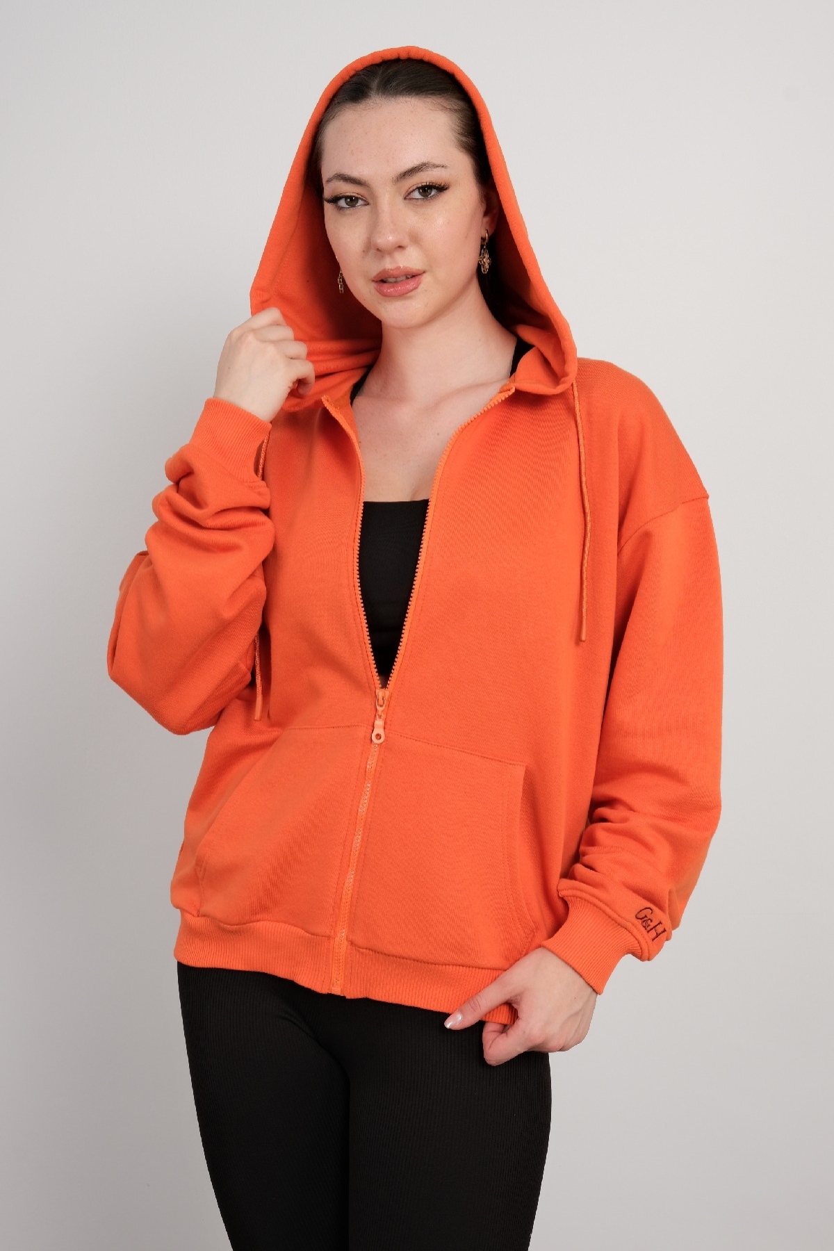 Hooded Zip-Up Sweatshirt-Orange