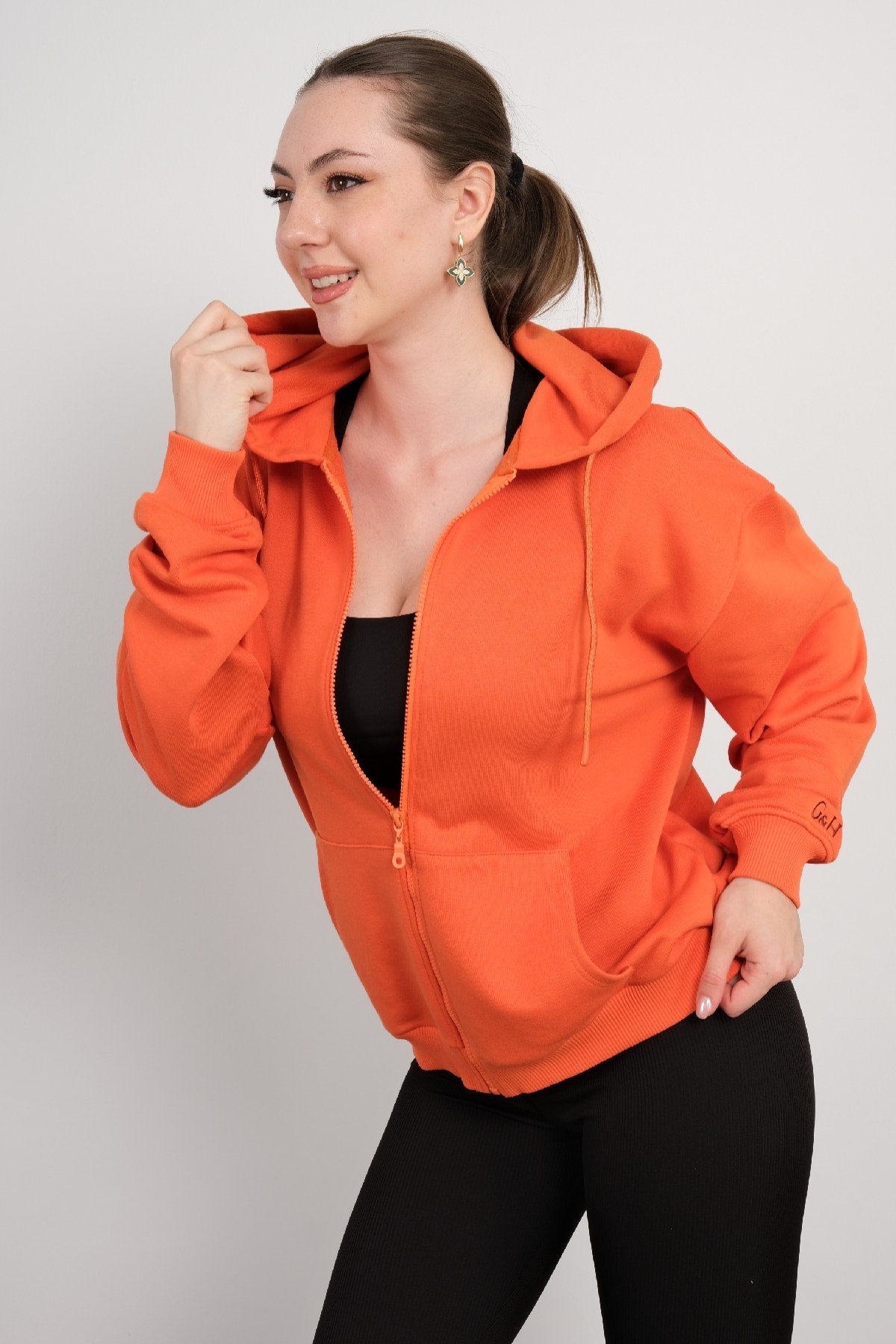 Hooded Zip-Up Sweatshirt-Orange