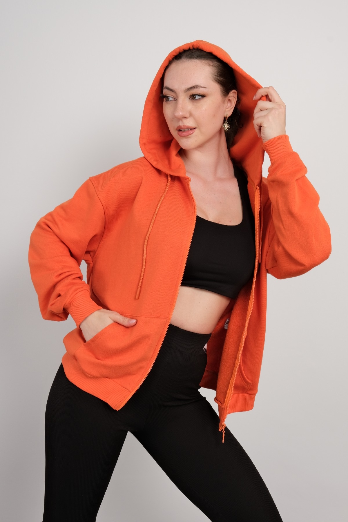 Hooded Zip-Up Sweatshirt-Orange