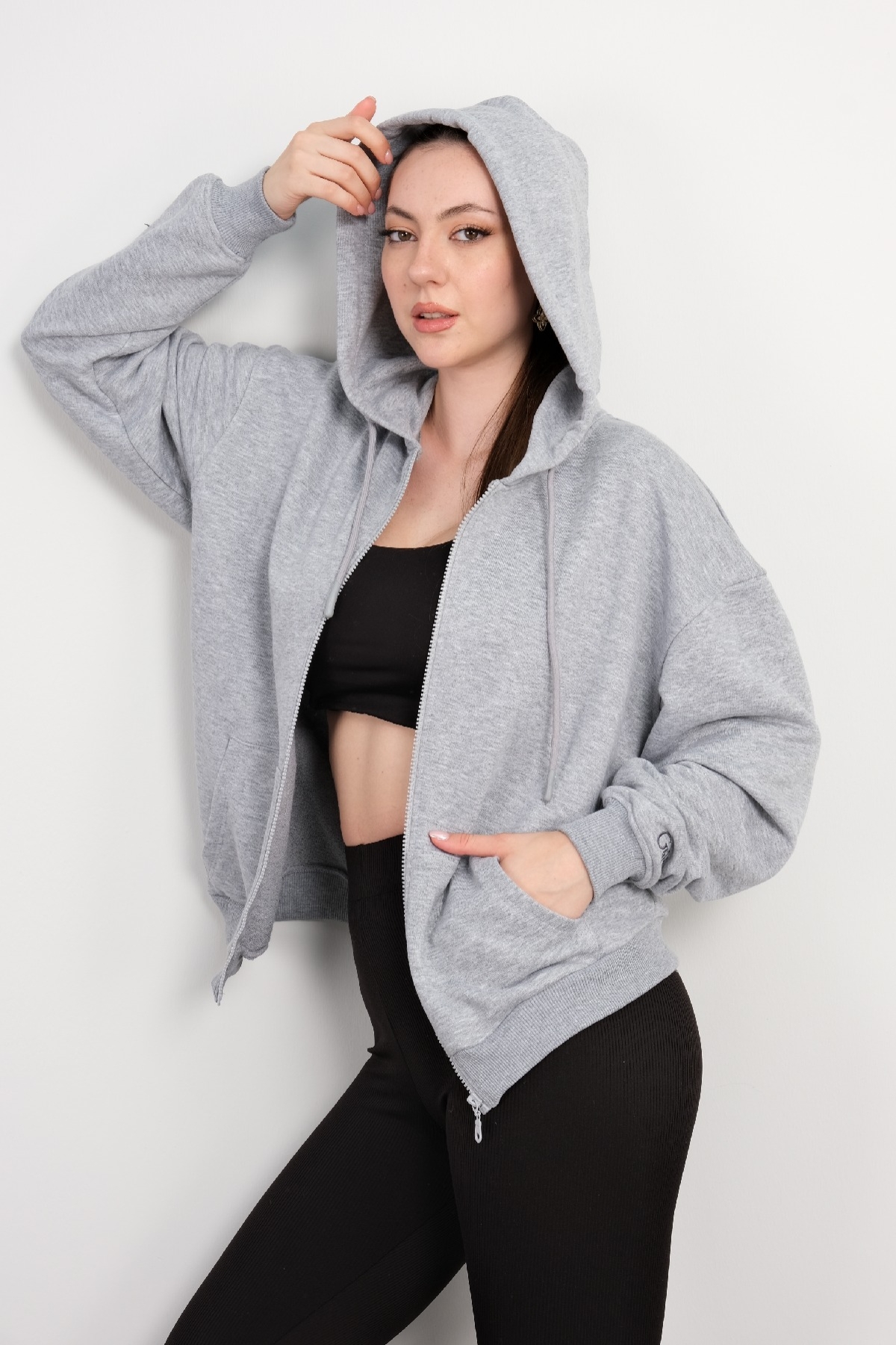 Hooded Zip-Up Sweatshirt-Grey