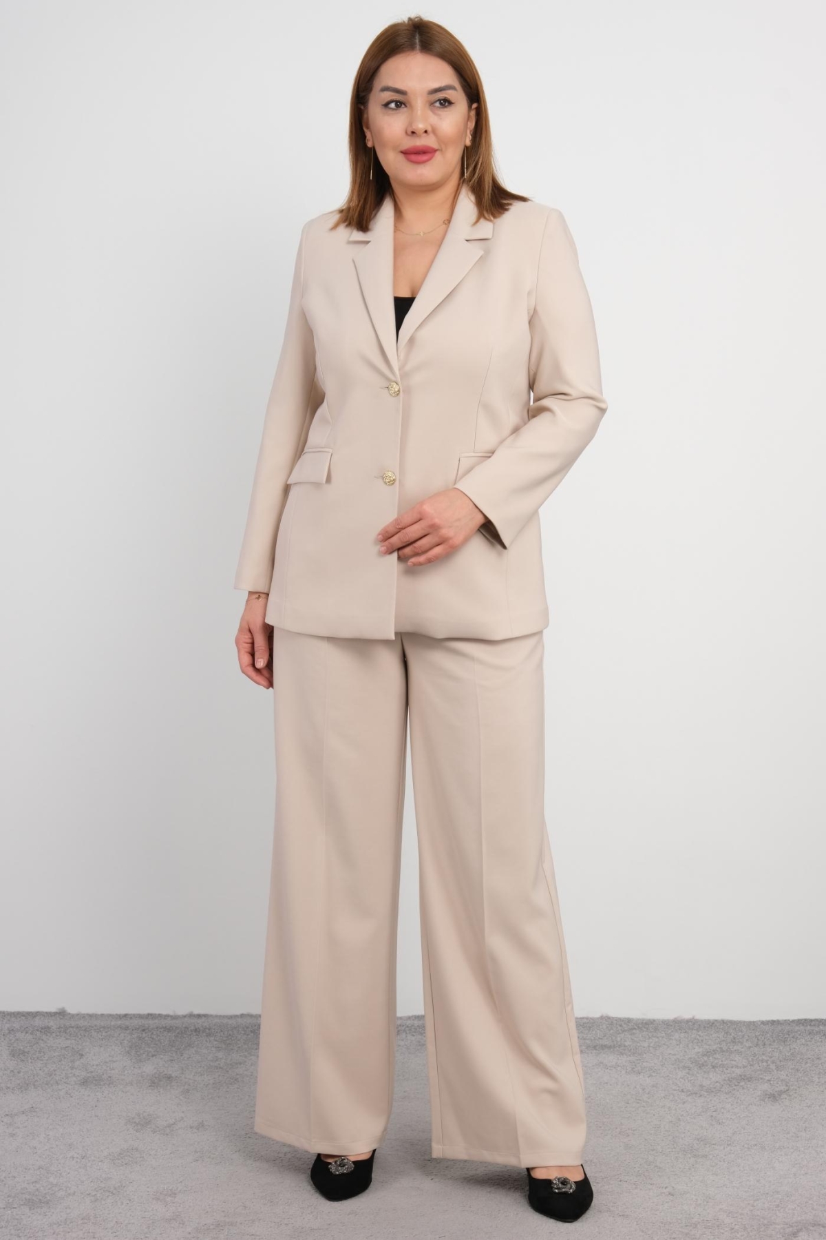 Plus Size Jacket and Pants Set-Beige