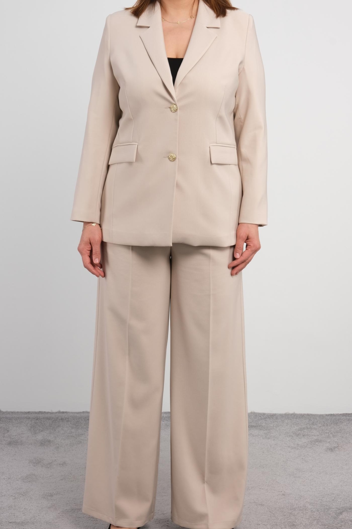 Plus Size Jacket and Pants Set-Beige