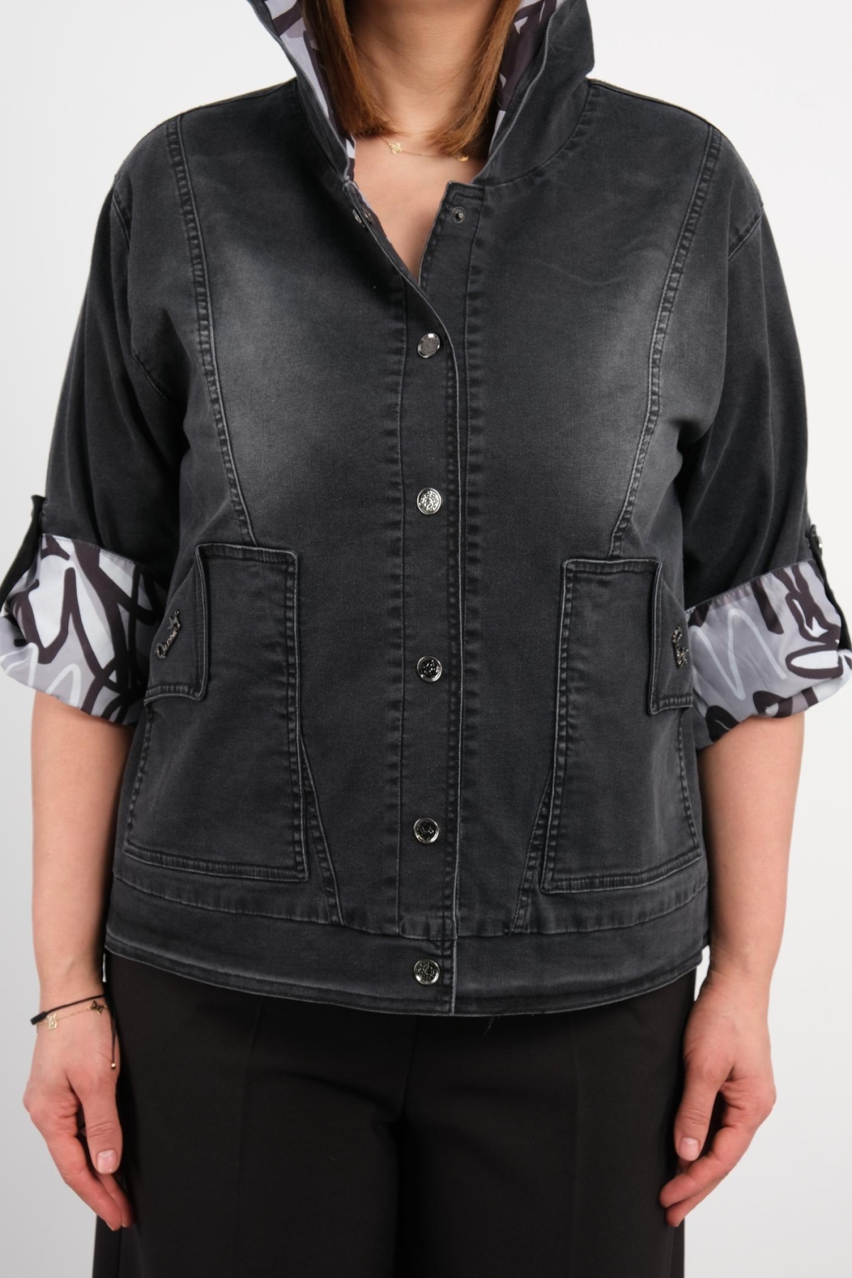 Plus Size Denim Jacket-Grey