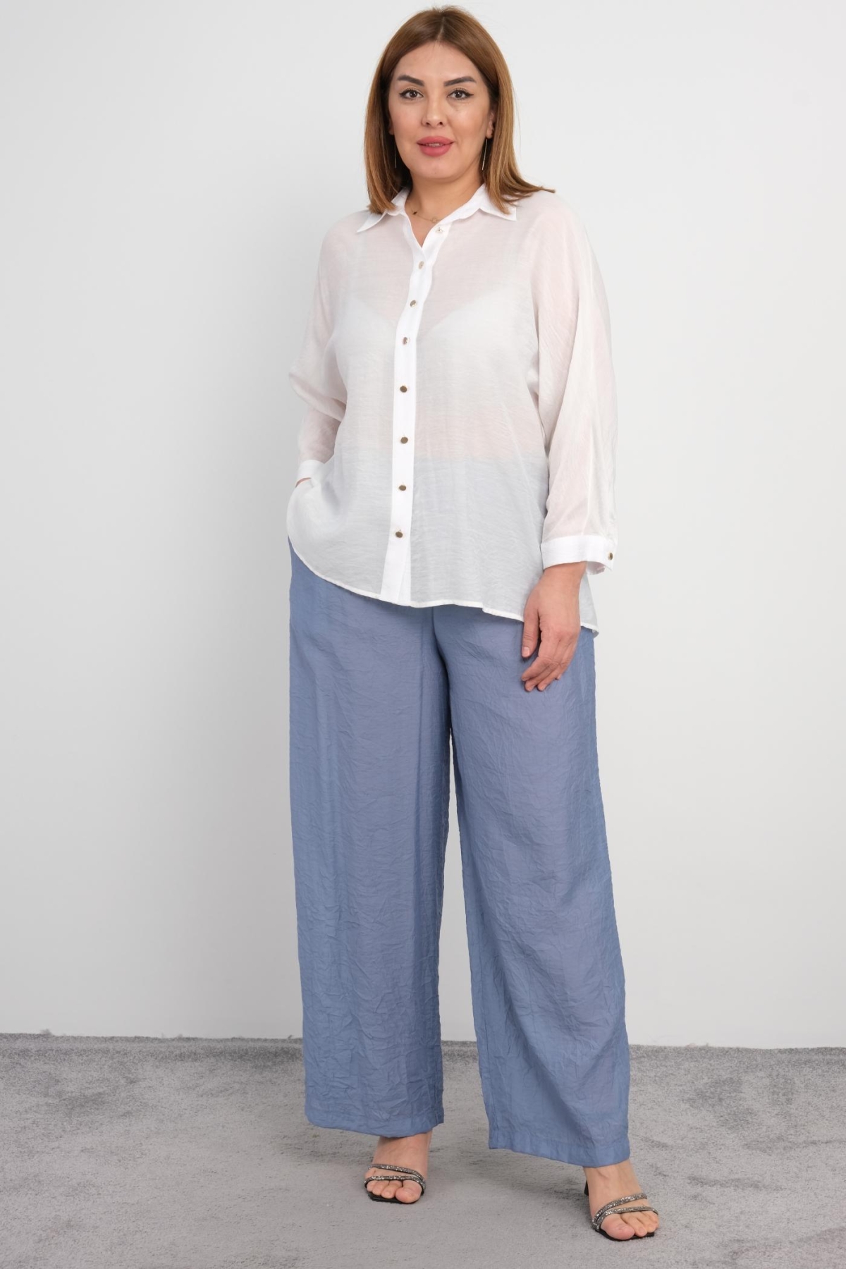 Plus Size Blouse and Pants Set-Blue