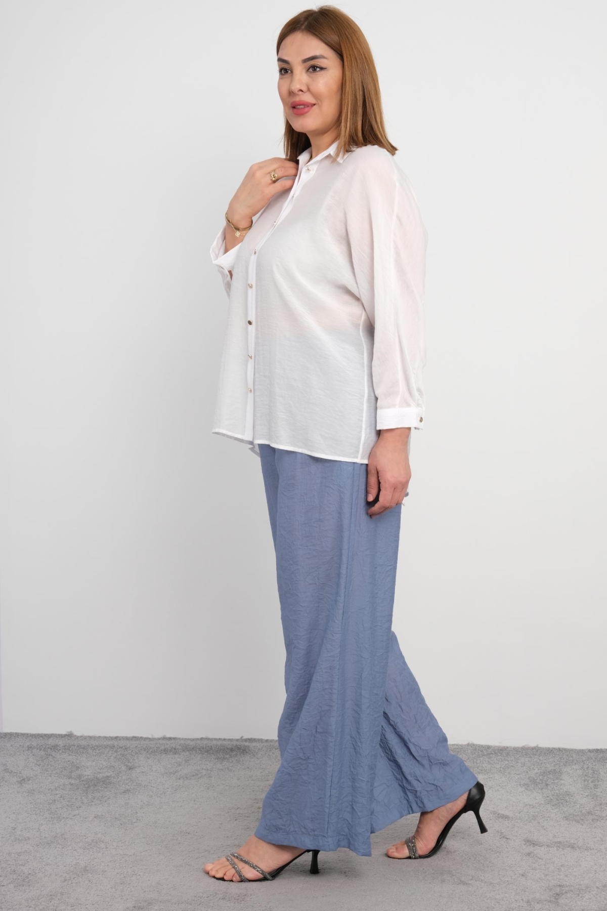 Plus Size Blouse and Pants Set-Blue